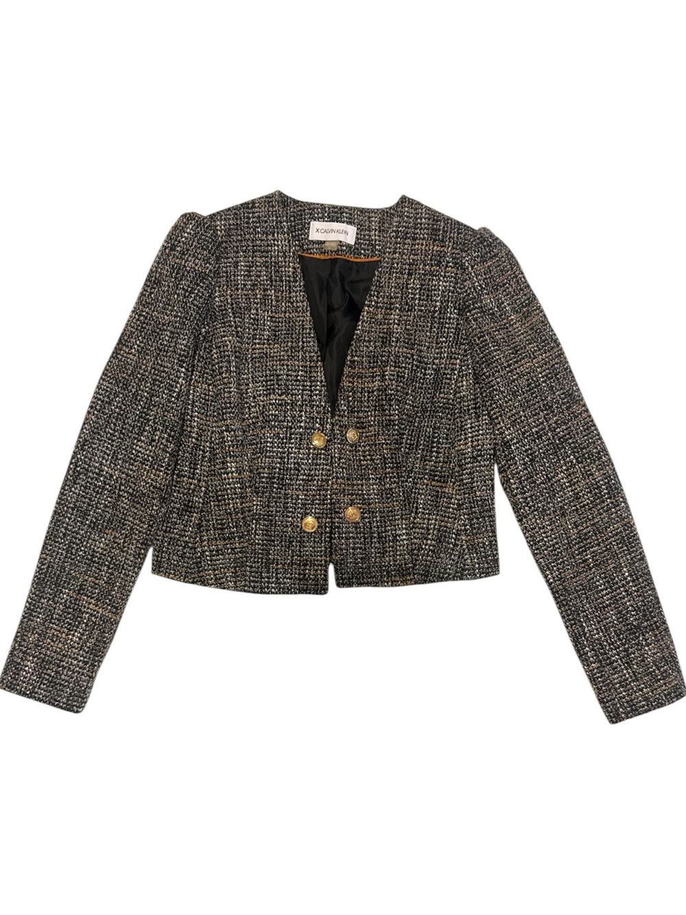 Calvin Klein Black Tweed Cropped Double-Breasted Blazer